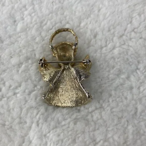 Vintage‎ Christmas Angel Brooch 2" Pin Gold Tone Red Green Rhinestones - Picture 8 of 10